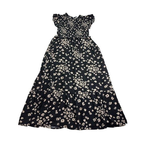 Time & Tru Womens Smocked Fit Flare Midi Dress XS Black Beige Floral Whimsygoth - Picture 1 of 10